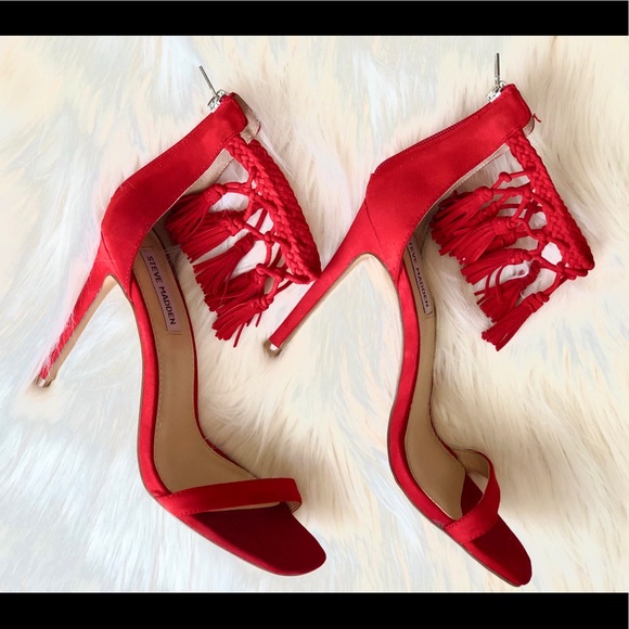 Steve Madden Red Tassel Ankle Stiletto Sandal SZ 8 - Picture 2 of 5